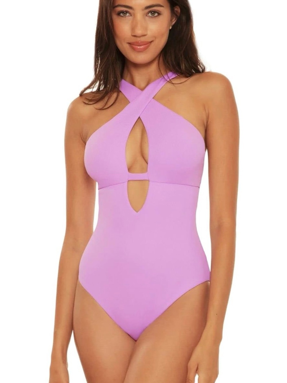 Becca, Rebecca Virtue Fine Line Rib Tessa High Neck One-Piece Orchid Size Large